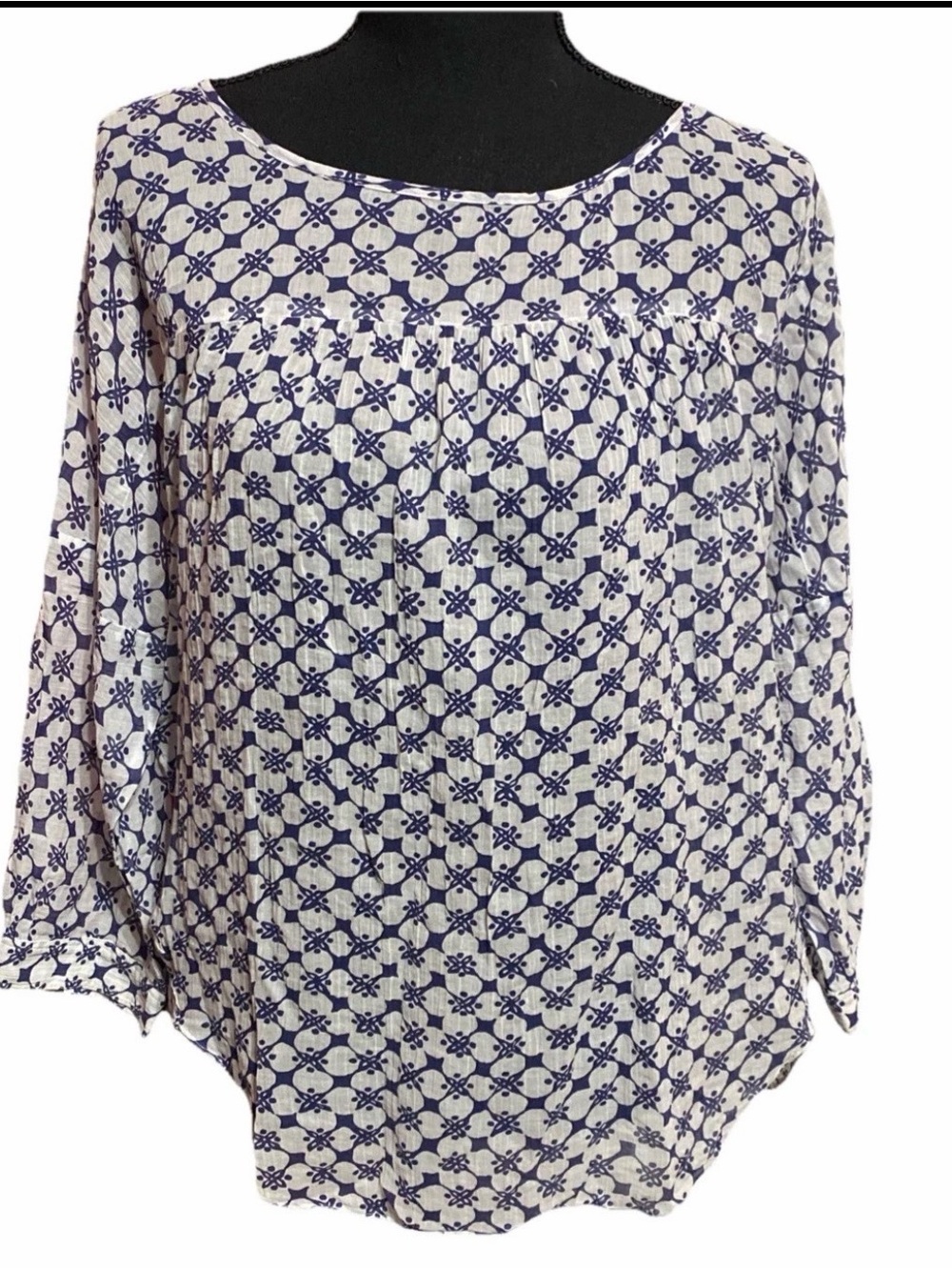 Loft Top Blouse White Navy Print Long Sleeve Semi Sheer cotton